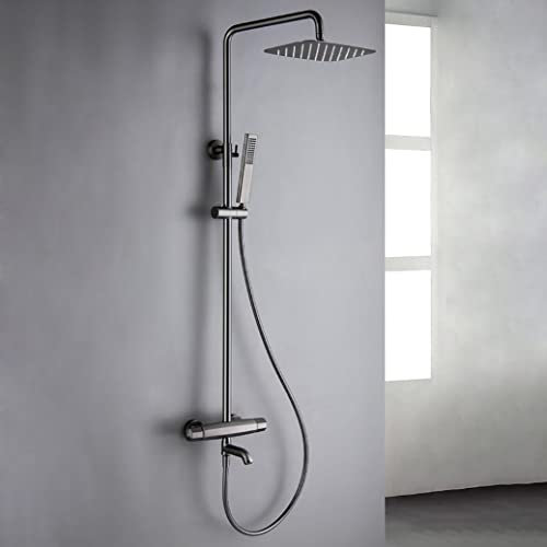 Set Doccia Sistema Doccia, Pistola Termostatica in Ottone Grigio Set Doccia A Tre Funzioni Deviatore Miscelatore Miscelatore con Altezza Regolabile Doccetta E Rubinetti per Vasca, Set Doccia,B