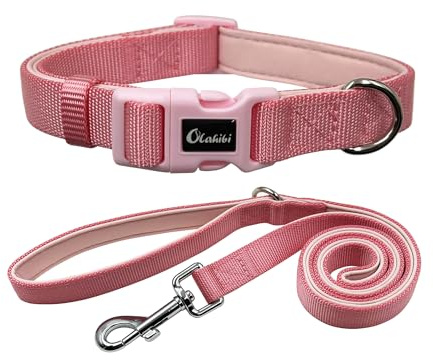 Olahibi Hundehalsband-Leinen-Set, strapazierfähiges Nylon-Gurtband mit weicher Neopren-Polsterung, große Hunde (L, Hellrosa)