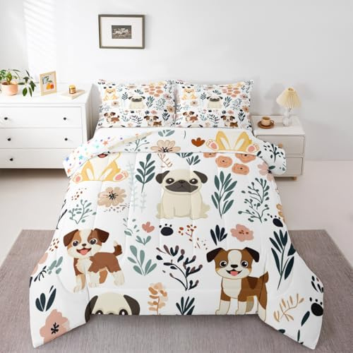 Feelyou Cute Puppy Dog Bedding Set - Kids Toddler Dog & Flowers Comforter Set - Botanical Plant Duvet & Quilt Set