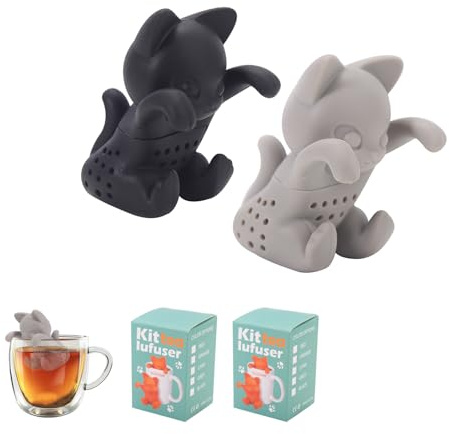 HUANR 2 Stück Teesieb Lustig, Tea Strainer Silikon Tee Sieb, Schwarz, Grau | Kätzchenform Teeei für Losen Tee, Teesieb für Tasse, zur Teezubereitung, Einweihungsgeschenk, Geschenk für Teeliebhaber