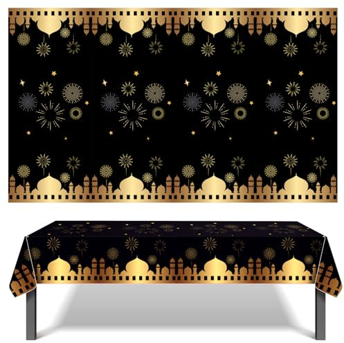 MORAINJAY 2Pcs Noir Nappe Aïd Mubarak, 130x220cm Grande Ramadan Mubarak Nappe Plastique, Nappe de Table Rectangulaire Imperméable pour l'Aïd Ramadan Mubarak, Lune Etoile Décorations de Fête Musulmane