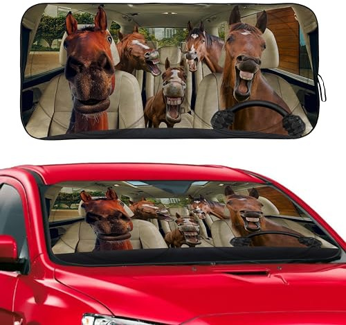 Funny Horse Family Windshield Sunshade for Car SUV Truck Foldable Uv Ray Reflector Front Window Sun Shade Visor Shield Cover -59 X 31
