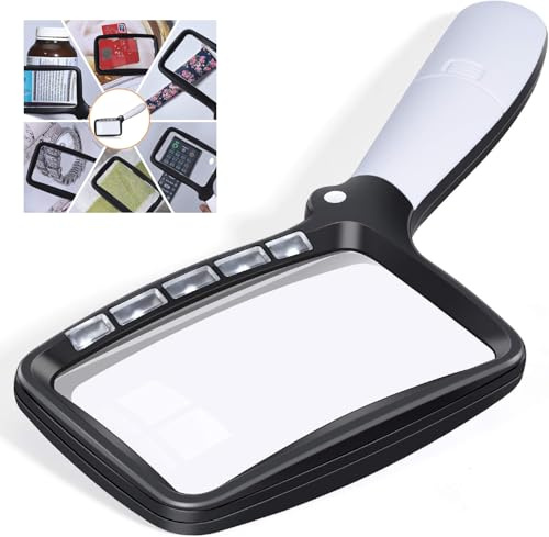 LED Magnifying Glass with Light Magnifier Large Foldable Rectangular Handheld 5 LED, 2 Dimming Modes, 2X Magnifying Reading for Seniors Low Vision Books Pages Magazines Newspapers Maps Jewelry