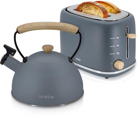 briebe Nordic Tostapane a Fessura Larga a 2 Fette, 6 Livelli di Tostatura, Pinze + Bollitore Induzione a Fischio 2,3 L, Acciaio Inossidabile, Senza BPA, Set Colazione Design Nordique Grigio