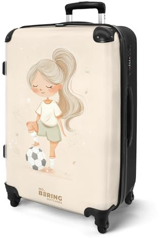 NoBoringSuitcases.com® Koffer Kinder Groß 67x43x25 cm Reisekoffer Kinderkoffer 4 Rollen Leicht Kindertrolley Mittelgroß Reise Hartschalenkoffer Mädchen - Fußball - Beige