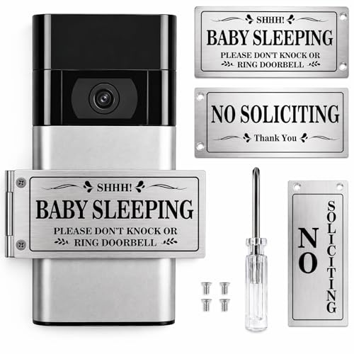 Baby Sleeping Don‘t Knock or Ring Doorbell，Rotatable No Soliciting Doorbell Cover. Metal sign for front door/house/Home. Great gift for moms with sleeping babies，Easy to install.，Very effective.