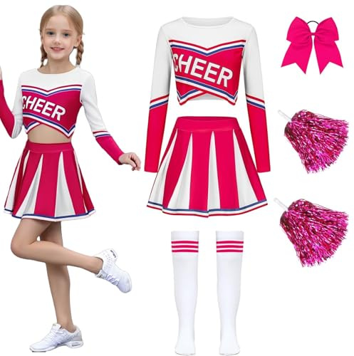 Luckyou Costume Cheerleader Vestito Cheerleader Uniforme con Pompoms Calze Cheerleading Outfit per Carnevale Halloween Giornata Sportiva-Pink-140