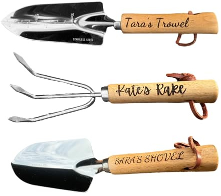 Personalisiertes Gartenwerkzeug-Set, 3-teiliges Edelstahl-Set mit Holzgriffen, Handkelle, Rechen und Schaufel zum Pflanzen und Jäten, zum Jäten, Pflanzen, Umpflanzen, ideales Gartengeschenk für Damen