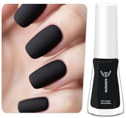 Aieenjor Matte Black Nail Polish, 10 ml Shiny Quick-Drying Long-Lasting Matte Black Nail Polish for DIY Nail Art Manicure