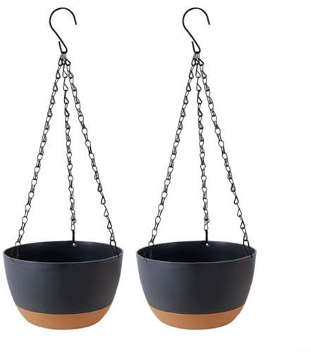 BlesConi Vasi da fiori in plastica da appendere con sistema di drenaggio, contenitori moderni per piante per interni ed esterni, giardino, balcone, set da 2 (nero)