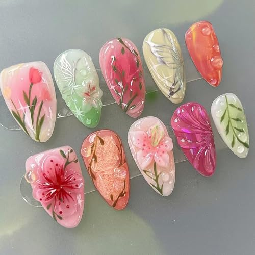 24PCS 3D Summer Press on Nails Medium Almond - Reusable Summer 3D False Nails with Sculpting Flowers Designs - Full Cover Cute Acrylic Pink Glue on Nails Fake Nails Set for Women Girls