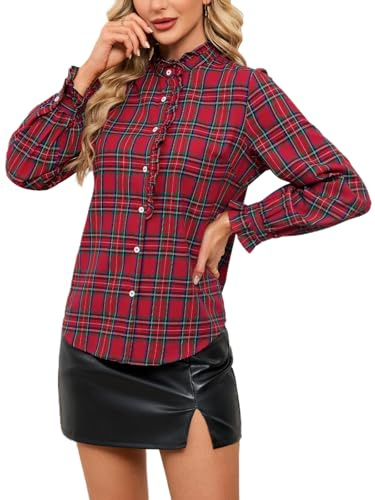 Womens Long Sleeve Plaid Shirt Ruffled Collar Casual Tops Button Down Lightweight Blouse, Red, M