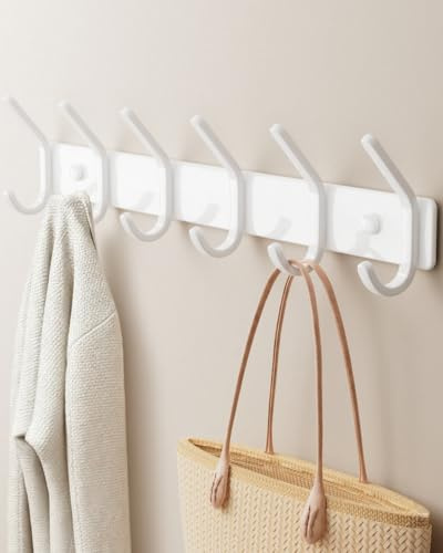 DR. OXXIER Coat Rack Wall Mount Hook (White, 1 Pack) - Aluminum 6-Hook Organizer, Drill Installation, Holds Coats, Towels, and Bags, Ideal for Entryway or Bathroom