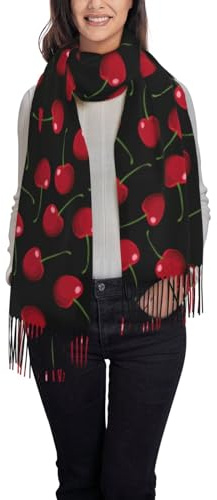 FJQWKLF Écharpe à franges pour femme, motif cerises rouges sur fond noir, châle tendance, cadeau d'hiver chaud