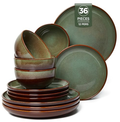 Pokini Stoneware Dinnerware Sets Service for 12, 36 pcs Reactive Glaze Plates and Bowls Sets, Handmade Ceramic Dish Set, Highly Chip and Crack Resistant Modern Plate Set, Brown Green