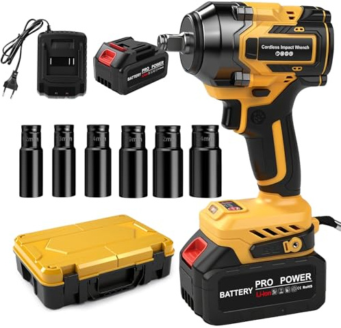 Llave de Impacto Inalámbrica 650 Nm, Pistola de Impacto Batería 21 V, Llave de Impacto Inalámbrica sin Escobillas 1/2 con 2 Baterías 4,0 Ah, Luz LED, 6 Tomas, para el Hogar, Coche, Cambiar Neumáticos