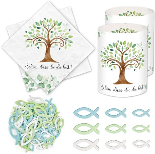 20 Stück Servietten + 12 Windlicht Tischdeko+ 60 Holzfische Streudeko, Kommunion Deko Junge Mädchen, Tischdeko Erstkommunion Taufe Konfirmation Firmung Erstkommunion, Party Geschenke Gastgeschenke