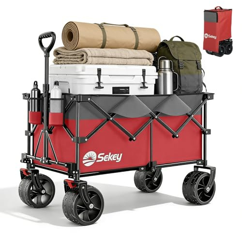 Sekey XXL Plus Bollerwagen Faltbar 200L 200KG Extra Breit-Reifen | Faltbollerwagen mit 17x10 cm All-Terrain-Räder Handwagen, Patentiert 4-Wege-Sofortaufbau Transportwagen, Rot&Grau