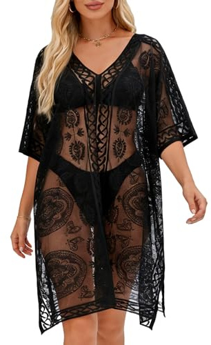 SCCGKP Women's Sexy Elegant Lace Bathing Suit Cover Up V-Neck Swimsuit Coverups Loose Swimwear Beach Dress Beachwear (UK, Alpha, One Size, Regular, Regular, Black)