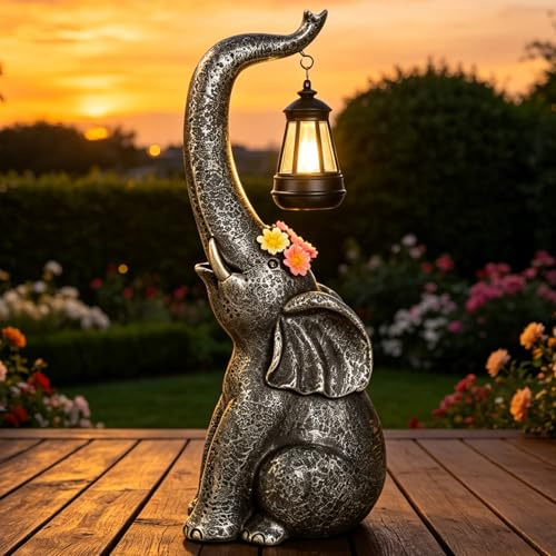 OUTONLIFE Statue Éléphant Solaire de Jardin avec LED, Sculpture Porte-Bonheur en Résine Imperméable, Décoration Extérieure pour Terrasse, Jardin, Pelouse, Balcon, Cadeau pour Maman et Femme