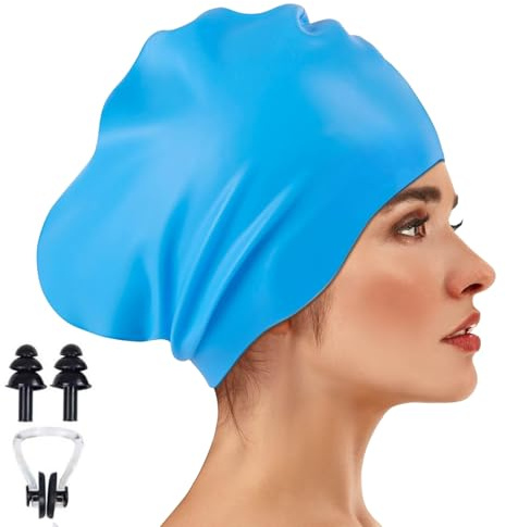 Set di cuffie da nuoto in silicone grandi con tappi per le orecchie e molletta il naso cuffia altamente elastica morbida capelli lunghi spessi antiscivolo comoda l allenamento sport acquatici