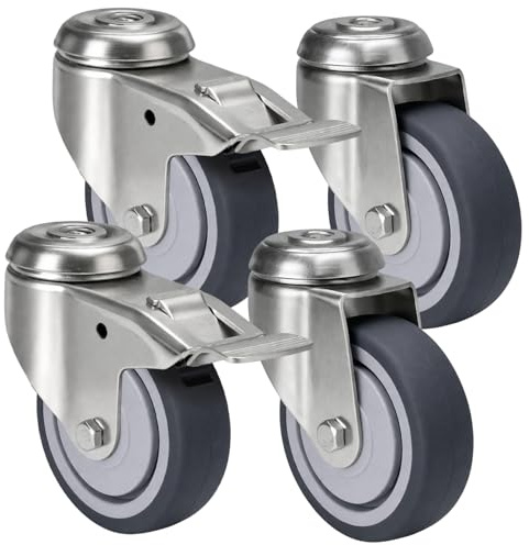 SAMA-Tech Transportrollen mit Rückenloch Graue Möbelrollen - 100mm Rollen-Set: 2x Lenkrolle + 2x Lenkrollen mit Bremsen - Spurlose & Leise Rollen für Möbel Stühle Rollbrett Transportroller
