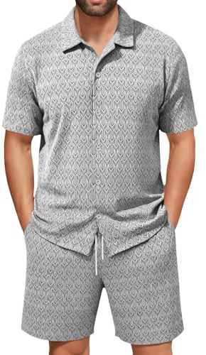 2-delad sommardräkt för män, ventilerande sommarset med knappar och shorts lättviktig fritidsdräkt krage tvådelad stranddräkt, Grå, XL