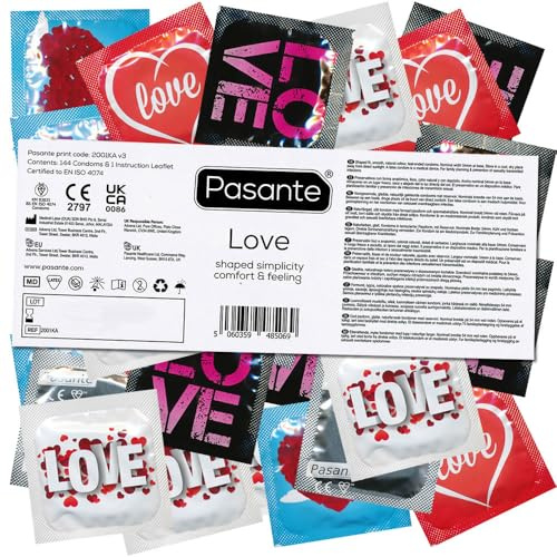 Pasante Love 144 Motiv-Kondome, romantische Kondome - ideal als Geschenk zum Valentinstag, Junggesellenabschied - Kondomvorrat, bedruckte Siegelfolien