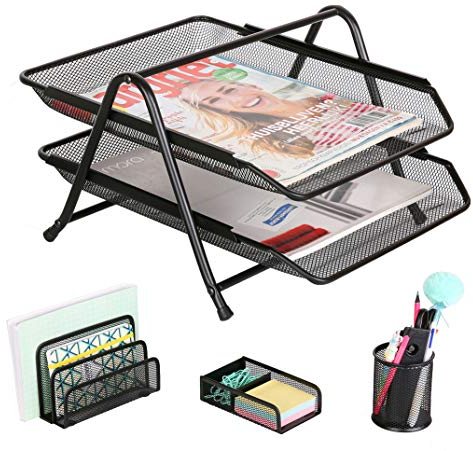 EXERZ Gitterablage Büroset aus 4-2 Etagen Briefablage, Briefständer, Stiftehalter, Klammern & Notizzettelhalter(Schwarz)