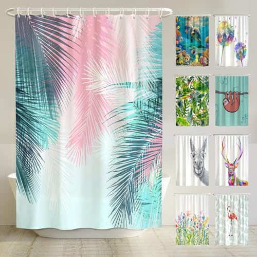 arteneur Anti-Schimmel Duschvorhang 180x200 cm Palmenblätter | Textil recycelt, OEKO-TEX 100, 40°C Maschinenwäsche, blickdicht, wasserdicht, beschwerter Saum, mit 12 recycelten Ringen