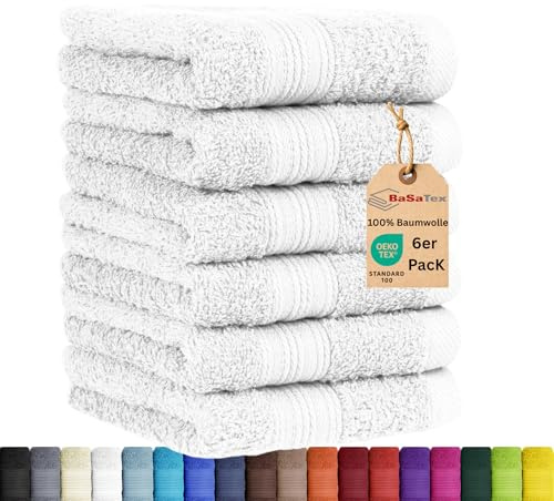 BaSaTex - Ensemble de 6 Serviettes invité en Plusieurs Couleurs 100% Coton Lot de 6 Serviettes invité 30x50 cm Blanc