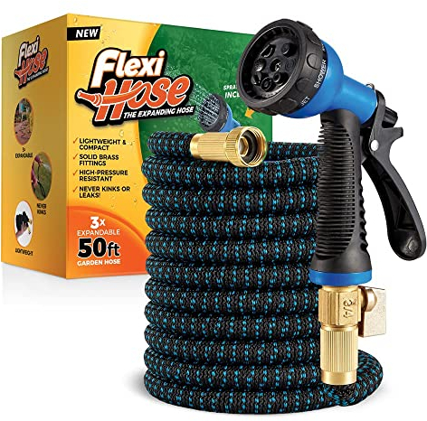 Flexi Hose Upgraded Expandable Garden Hose Pipe Including 8 Function Spray Gun Nozzle - Extra Strength with 2 cm Solid Brass Fittings - No-Kink Flexible Garden Hoses (Blue/Black 15 Metres)