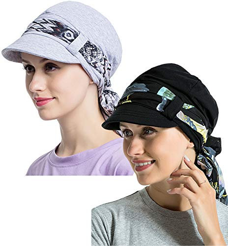JarseHera Chemo-Hüte für Damen, Bambus, Baumwolle, gefüttert, Newsboy-Mützen mit Schal, Doppelschlaufe, Kopfbedeckung für Krebs, Haarausfall, Schwarz+Hellgrau, Einheitsgröße