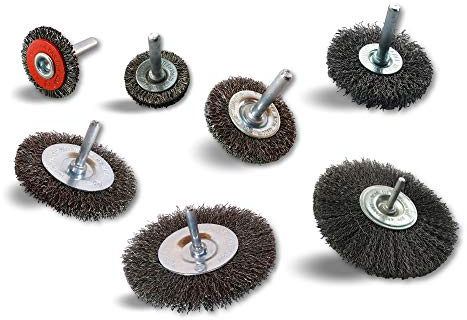 Assortiment de 7 brosses rotatives circulaires métalliques Ø 30-38-50-60-75-100-125 mm | Sur tige Ø 6 mm | Brins acier Ø 0,20 mm souple | Pour perceuse ou visseuse à mandrin | Kibros 26xxAV8x7div