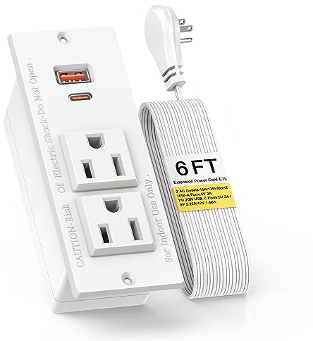 Recessed Power Strip with PD 20W USB C Ports, Desk Power Grommet Recessed Outlets with 2-Outlet & 2 USB Ports 6FT Extension Cord Flush-Mount Power Socket for Cabinet/Drawer/Nightstand, ETL Listed