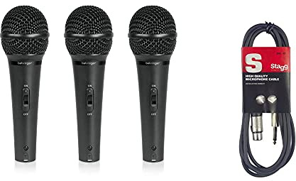 Behringer ULTRAVOICE XM1800S 3 Dynamic Cardioid Vocal and Instrument Microphones (Set of 3) & Stagg SMC6 6 metre standard microphone cable