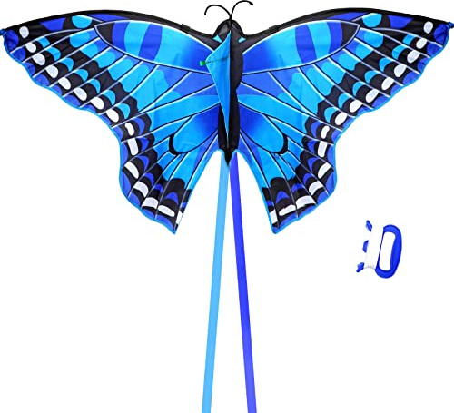 Aquiloni Farfalla per Bambini e Adulti, 140x70cm Aquilone a Linea Singola Misura Grande Aquilone Beach Butterfly Kite con Stringa aquilone e 400cm Coda Lunga Regalo di Giocattoli per Aquiloni, Blu