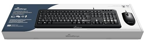 MediaRange Clavier Filaire et Souris Optique à 3 Touches QWERTY (GR), Clavier PC avec Port USB 2.0 Plug & Play, résistant aux éclaboussures et réglable en Hauteur