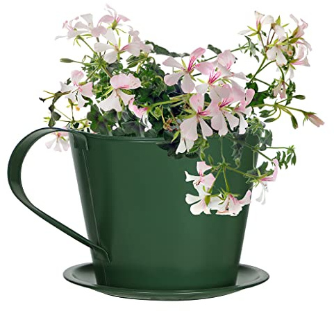 Dibor Tea Cup Plant Pot Novelty Teacup & Saucer Garden Planter Flower Herb Pot with Drainage Hole 2L Outdoor Flowerpot (Emerald Green)