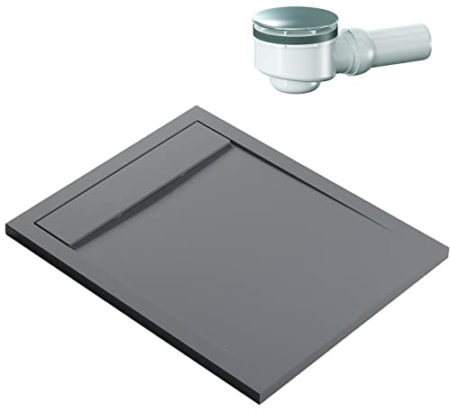 Bernstein Duschtasse New York 80x100 cm Betonoptik, Flache Duschwanne in Steinoptik, Rechteckiges Duschbecken aus Verbundwerkstoff, Rutschhemmende Gel-Coat-Oberfläche, Inkl. Dallmer-Ablauf Orio