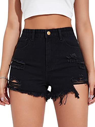 GORGLITTER Women's High Waist Ripped Raw Trim Denim Shorts Summer Straight Leg Jean Shorts with Pockets Black S
