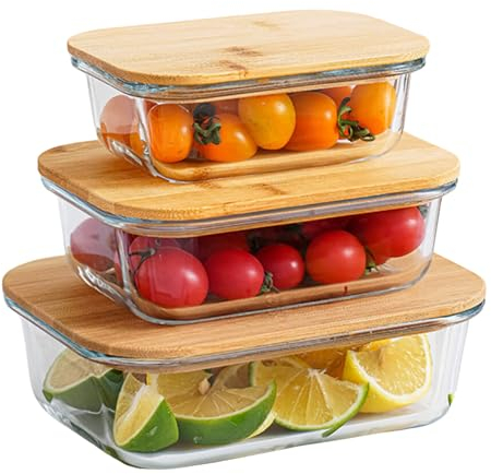 Vellichor Europe Meal Prep Glass Food Storage Containers with Airtight Bamboo Lids - Set of 3 | Eco-friendly, Nesting, Plastic-free | Versatile Sizes, Microwave and Oven Safe | Freshness Preservation