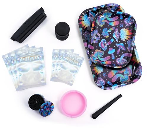 Winter Shore Juego de Molinillo de Especias y Hierbas y Bandejas de Liar - 2 Bandejas de Hojalata, Escondite, Molinillo, Cenicero, Tubo para Liar, 6 Bolsas Plástico - Kit de Bandejas de Colores Setas