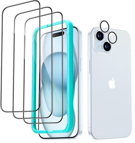 ESR 3+1 Stück für iPhone 15 Plus für Panzerglas, Montagerahmen | Militärnorm-Schutz, 9H gehärtetes Glas, Kratzfest , Vollflächig Displayschutzfolie, Ausrichtungsrahmen und 1 Set Kameraschutz