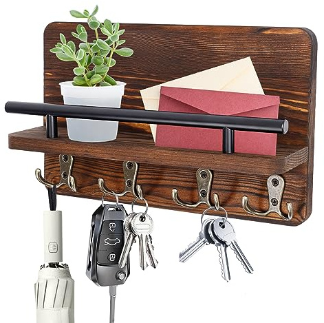 JYUHA Wooden Key Hooks for Wall, Wall Mounted Key Hangers with 4 Double Hooks, Wooden Key Holder with Shelf, Rustic Key Rack for Hallway Entryway Bedroom (Brown)