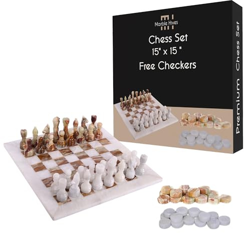 Marble Hives Luxuriöses Marmorschachspiel mit Dame, 15-Zoll-Marmorschachbrett für Erwachsene, mit handgefertigtem Steinbrett und Schachfiguren (White & Green)