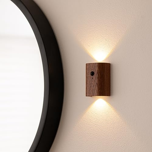 Auraglow Rechargeable Wooden Wall Light Sapele, Motion Sensor, 1 Pack | USB C PIR night lamp, cordless magnetic mount, auto glow for hallway, stairway, porch and bedroom