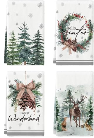 Artoid Mode Lot de 4 torchons de cuisine Holly - Motifs : pommes de pin - Motif : renne et arbre - 42 x 65 cm