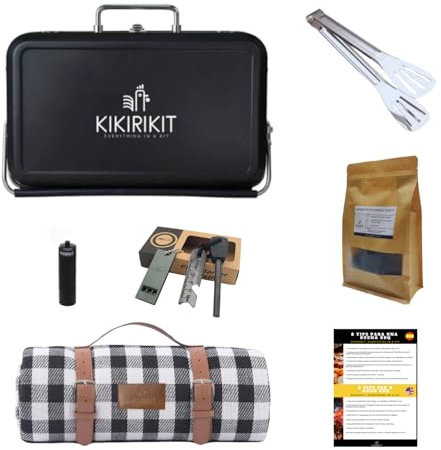 KIKIRIKIT Barbecue carbone - Barbecue portatile carbone - Barbecue pieghevole - Accessori Camper- Regalo originale - Regali per genitori (nero, Mega Kit)