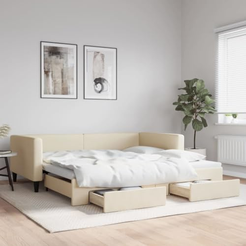 CKioict Palettenbett Modernes Bettgestell Jugendbett Tagesbett Ausziehbar mit Schubladen Creme 100x200 cm StoffGeeignet für Gästezimmer, B&Bs, Schlafzimmer